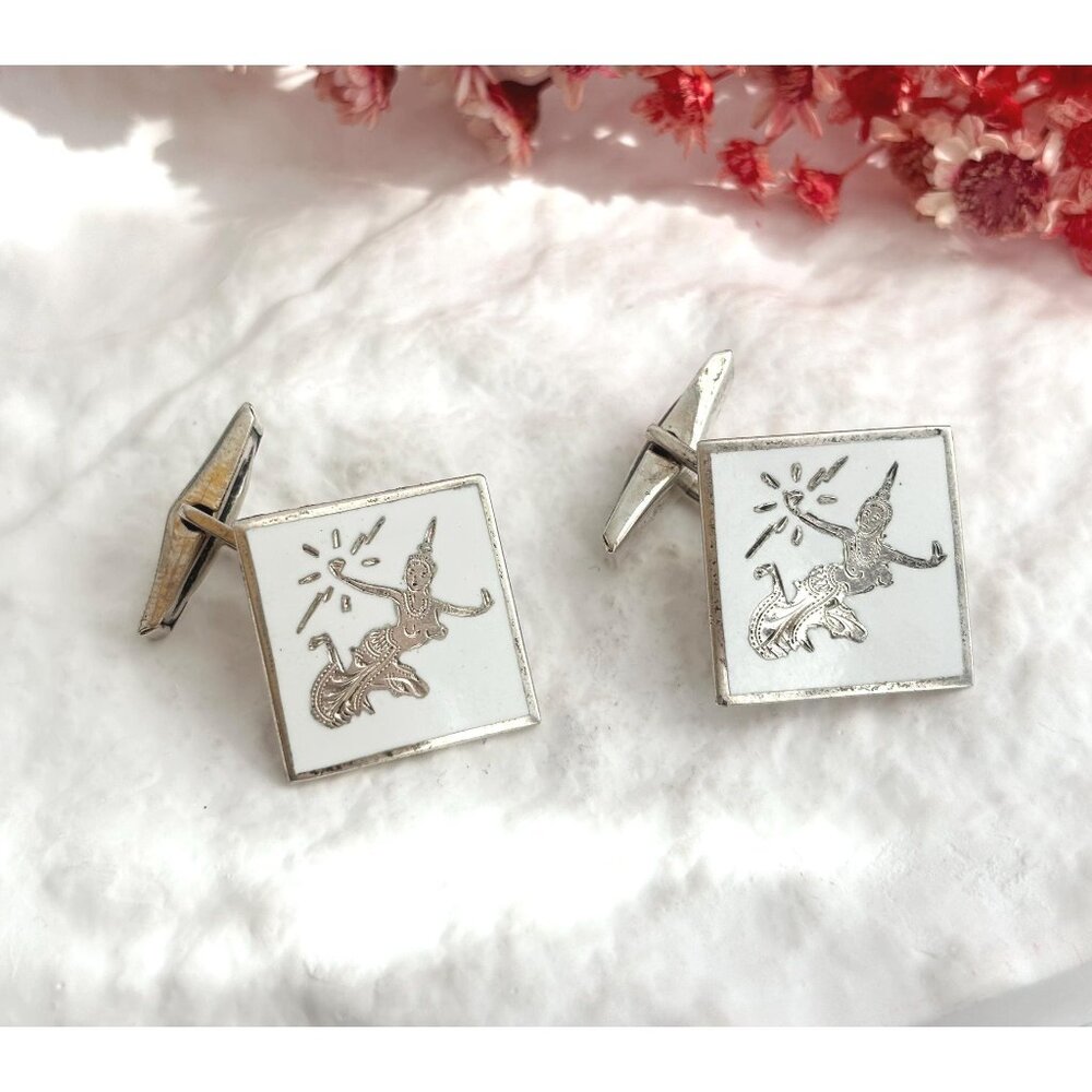 Siam Sterling White Guilloche Square Nielloware Vintage Thai Made 925 Cufflinks